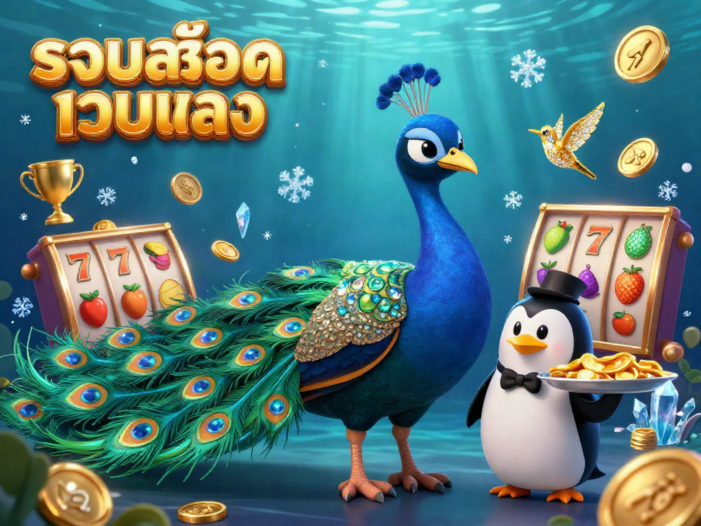 Experience รวมสล็อตเว็บตรง with a vibrant 3D illustration of a peacock, butler penguin, and hummingbird amidst slot reels and gold coins.