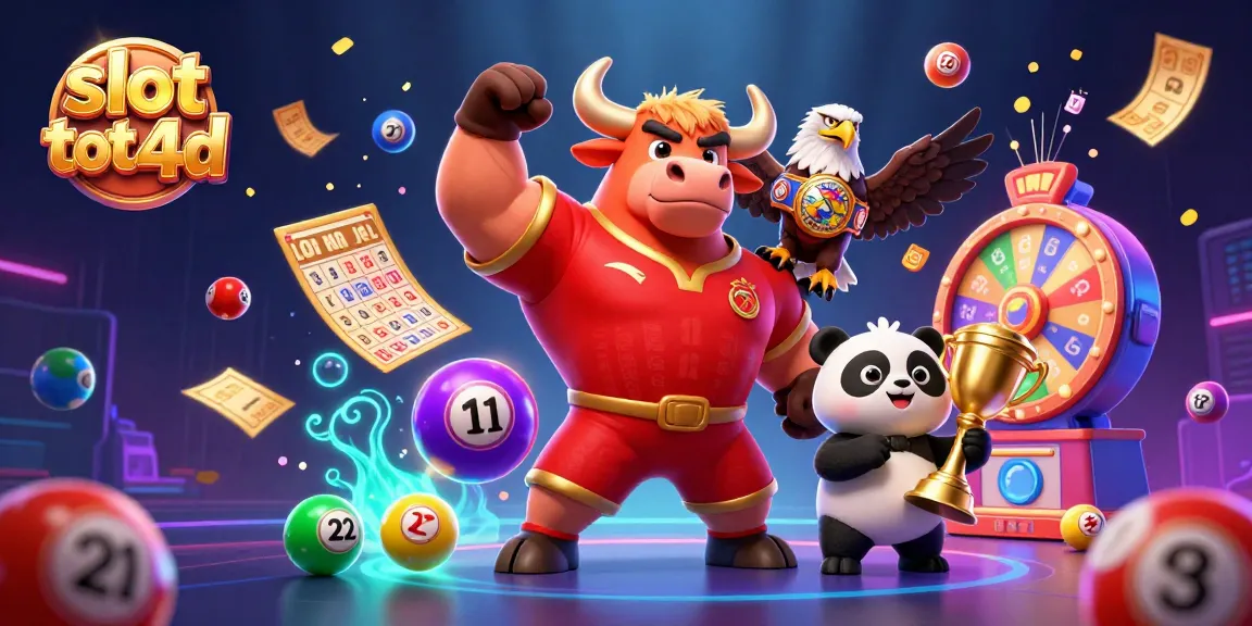 Engage in slot toto 4d excitement with a victorious bull mascot, trophy panda, and eagle in a vibrant casino scene.