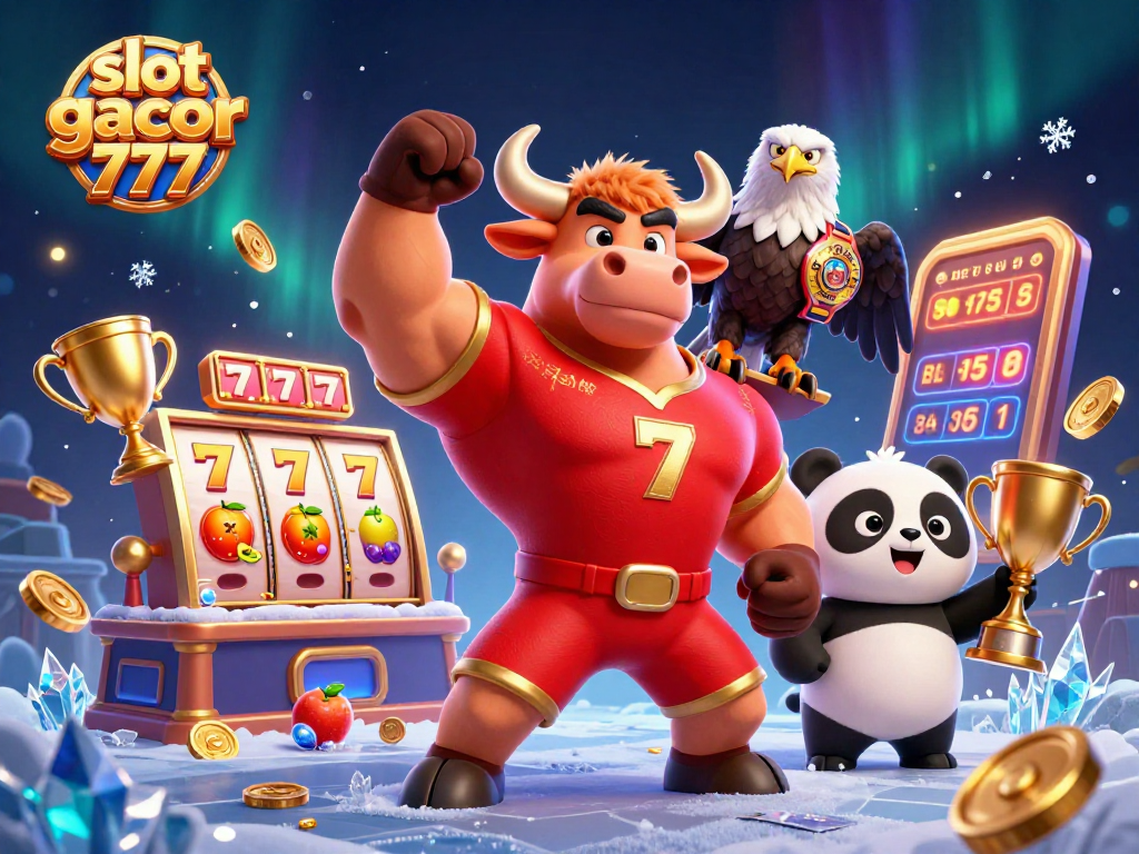Experience the excitement of slot gacor 777 with a victorious bull mascot and dynamic game elements.