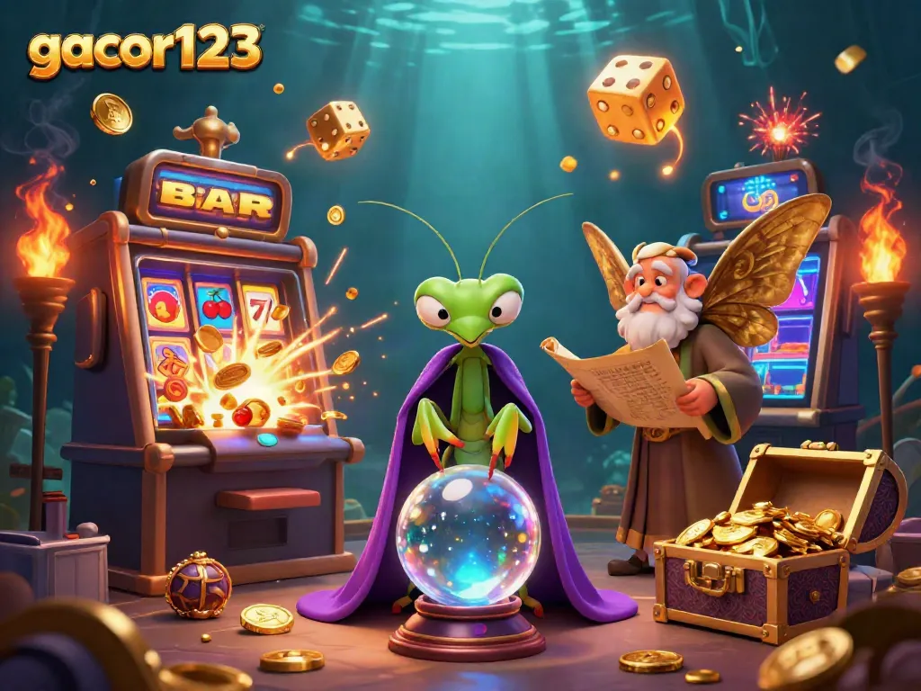 Exciting gacor123 scene with fortune teller and moth librarian featuring a jackpot slot machine explosion
