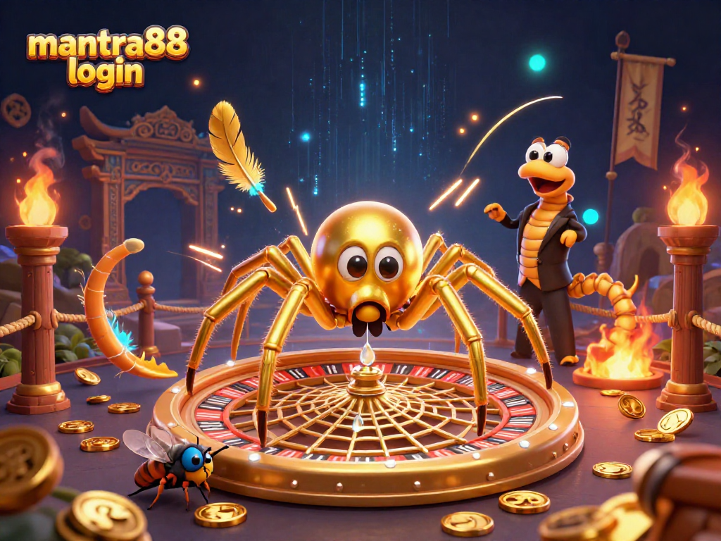 Experience thrilling bets at mantra88 login with a golden spider spinning roulette webs in the casino.