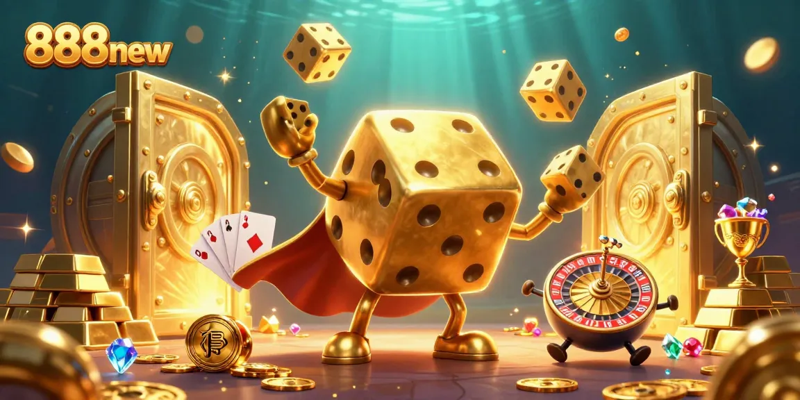 Engage in thrilling games at 888new with a vibrant illustration of casino elements and characters.
