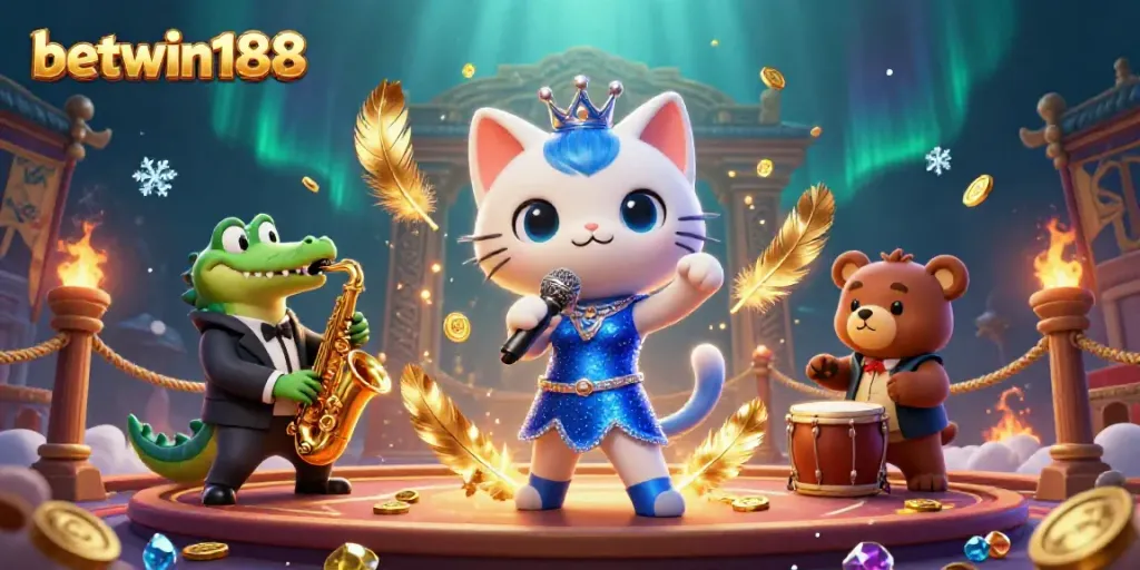 Mengakses BETWIN188 dengan aman melalui lagu dari kucing penyanyi jazz dan teman-temannya dalam suasana kasino yang ceria.