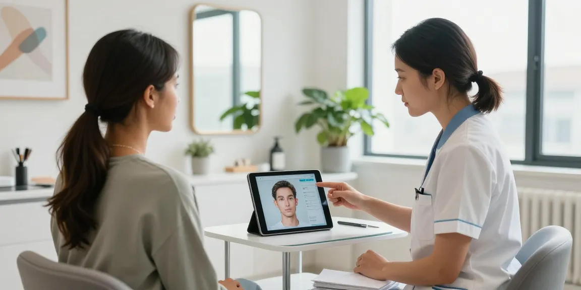 ClinicEvo cheaper than QOVES during a personalized aesthetic consultation in a modern clinic, showing patient engagement.