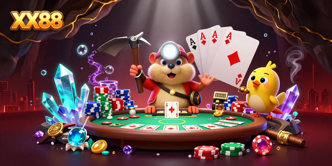 Experience the excitement of XX88 with a vibrant gambling scene showcasing a treasure hunter mole and poker elements.