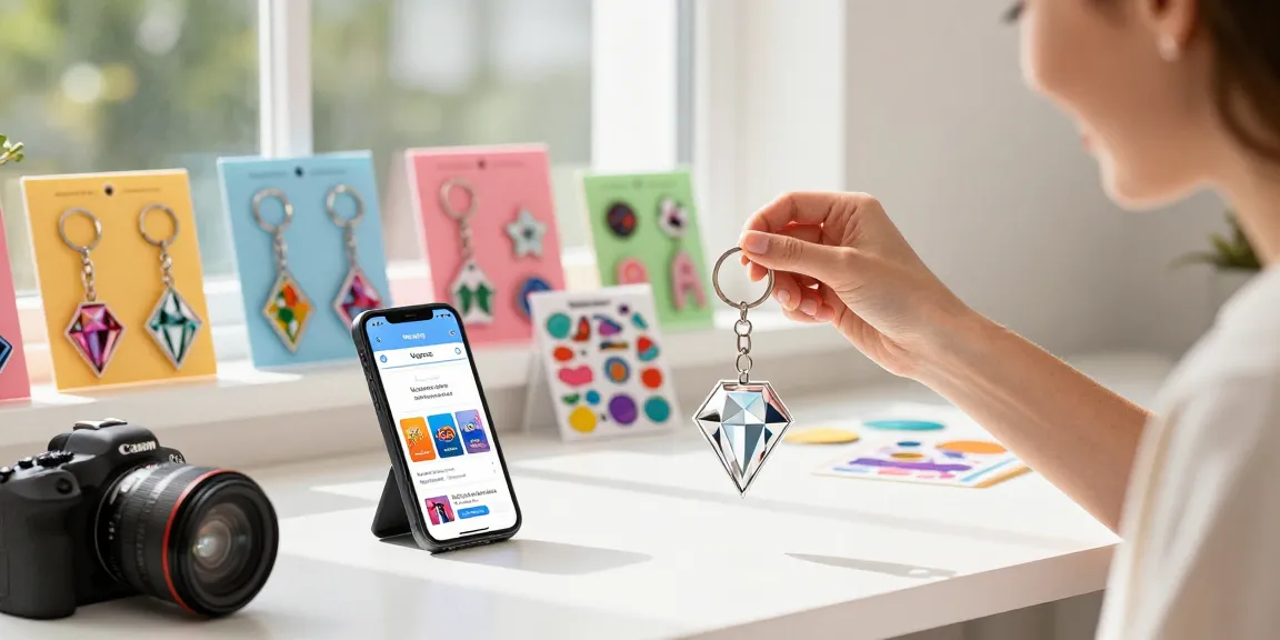 Stylish Diamond Keychain on a modern desk, highlighting vibrant custom acrylic products.