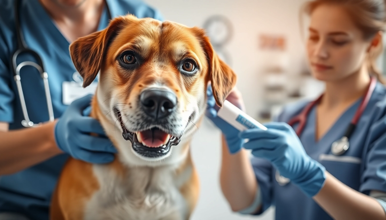 Applying DMSO for dogs to soothe joint pain in a veterinary setting.