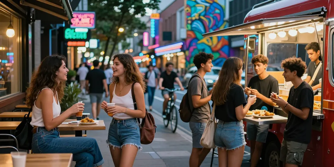Gái gọi tận hưởng buổi tối sôi động tại đường phố thành phố với đèn neon sáng.