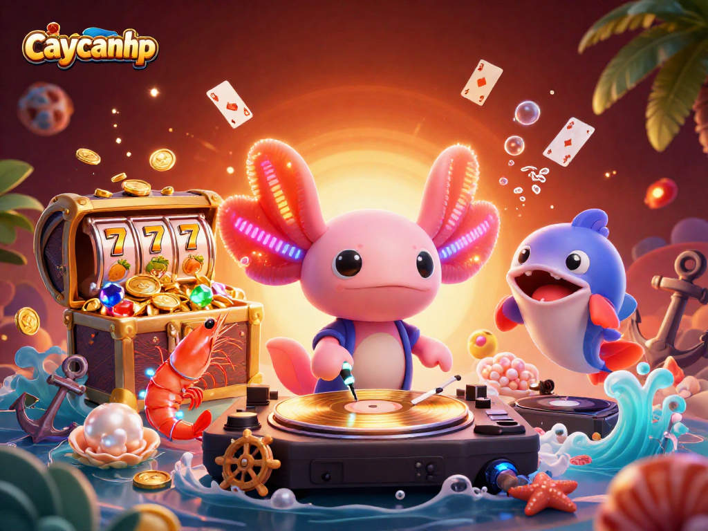 Wager big and win with caycanhphattai's vibrant 3D casino illustration featuring DJ axolotl and dancing shrimp.