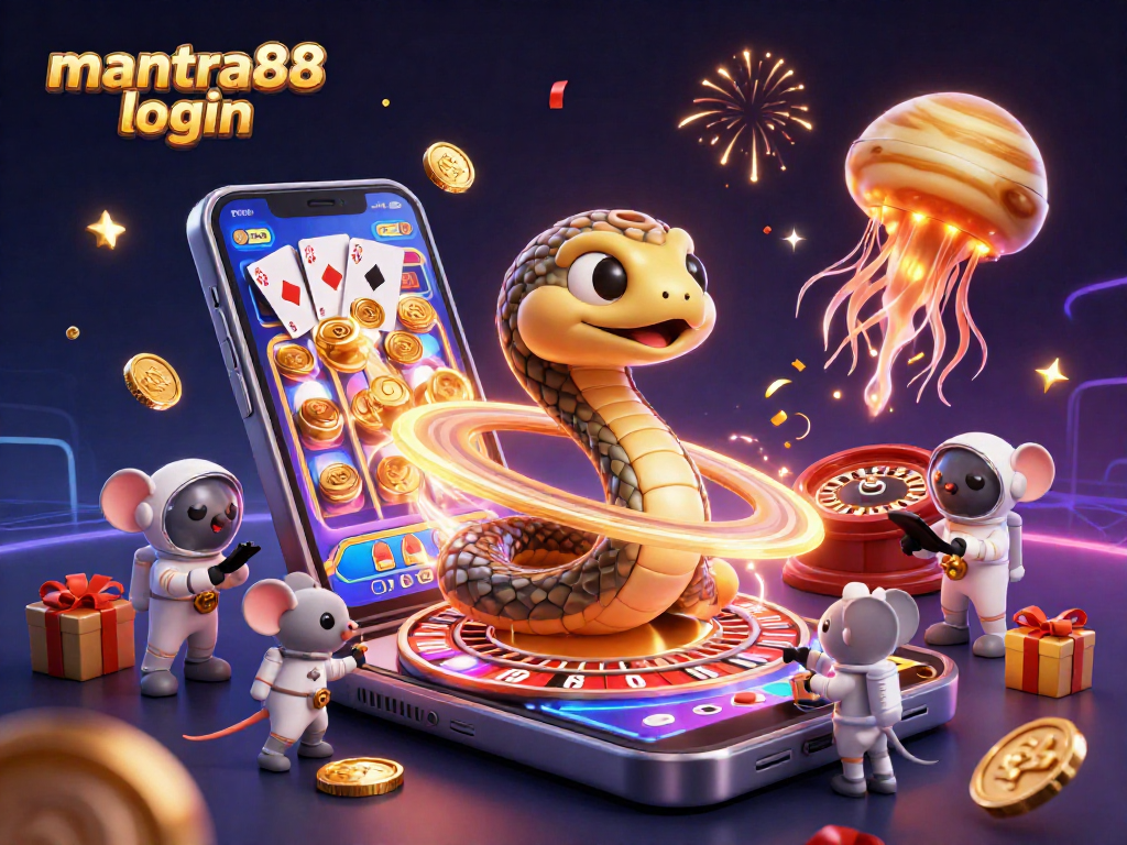 Engage with exciting games at mantra88 login, featuring captivating 3D casino-themed illustration.