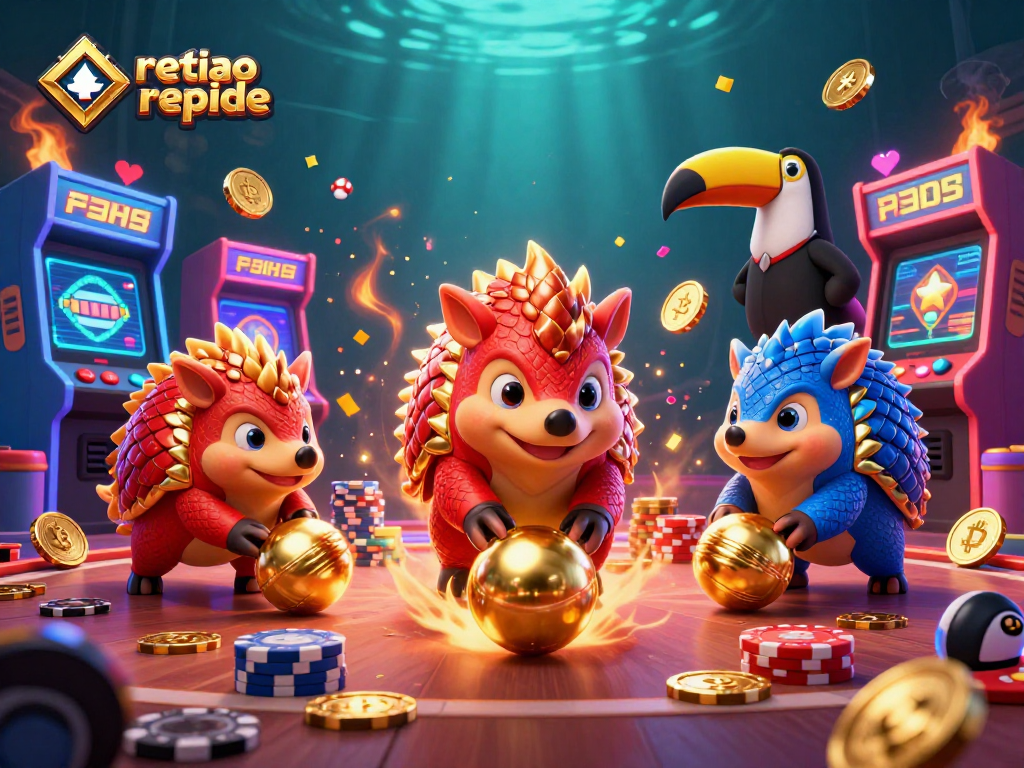 Animation des pangolins en compétition pour un casino retrait rapide, entourés de jeux lumineux et de monnaie crypto.