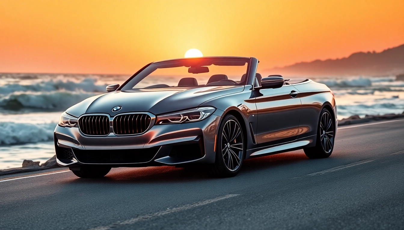 Admire the Luxury BMW car cruising on a coastal road during sunset.