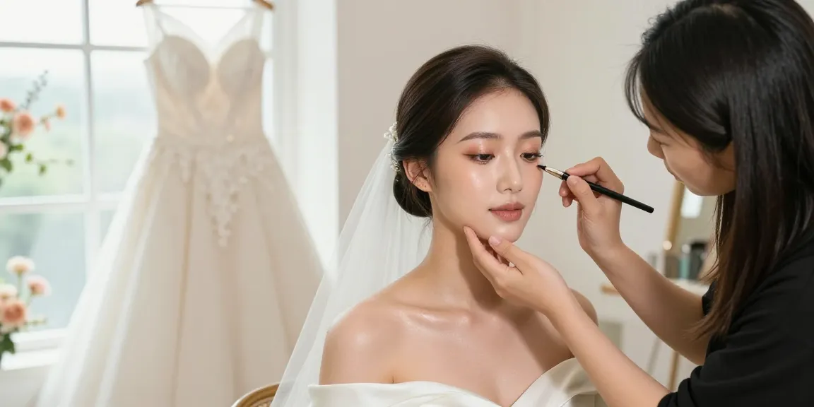 Trucco sposa luminoso realizzato da professionista, momento di bellezza nella preparazione per il matrimonio.