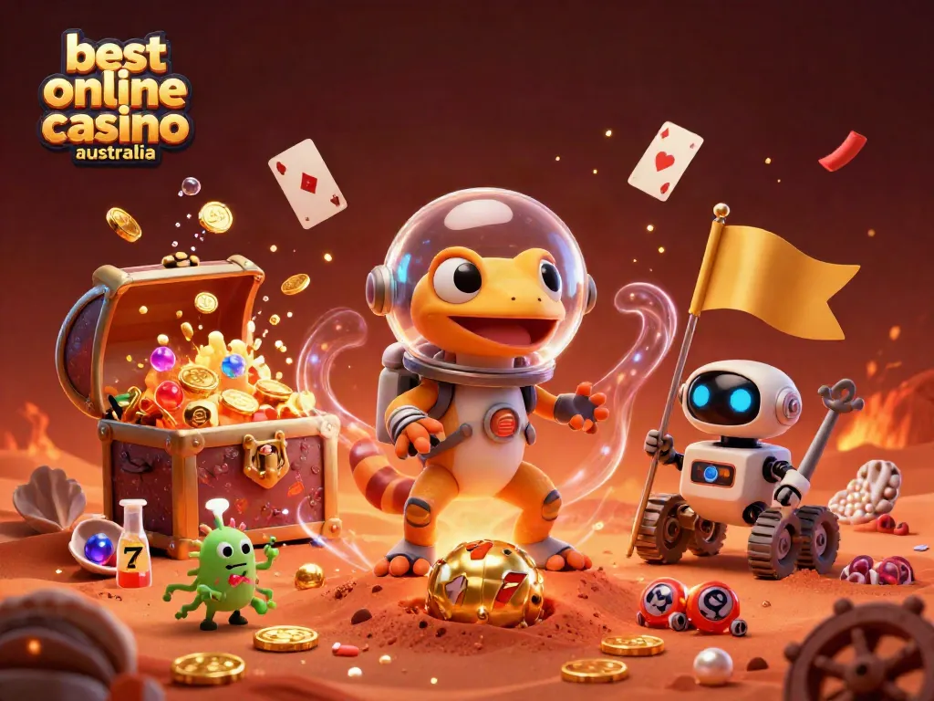 Your destination for the best online casino Australia with an exciting Martian-themed scene featuring a cartoon gecko, slot machines, and treasure.