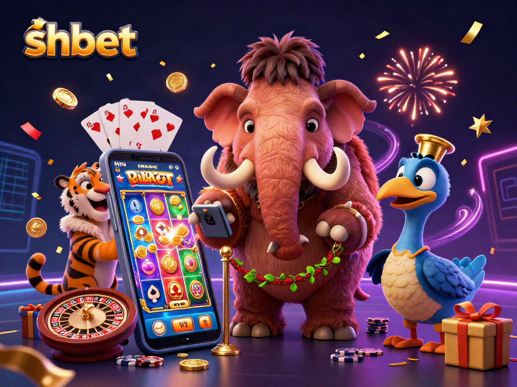 shbet slots come alive with a mammoth bouncer, VIP saber-tooth, and festive dodo in a vibrant casino.