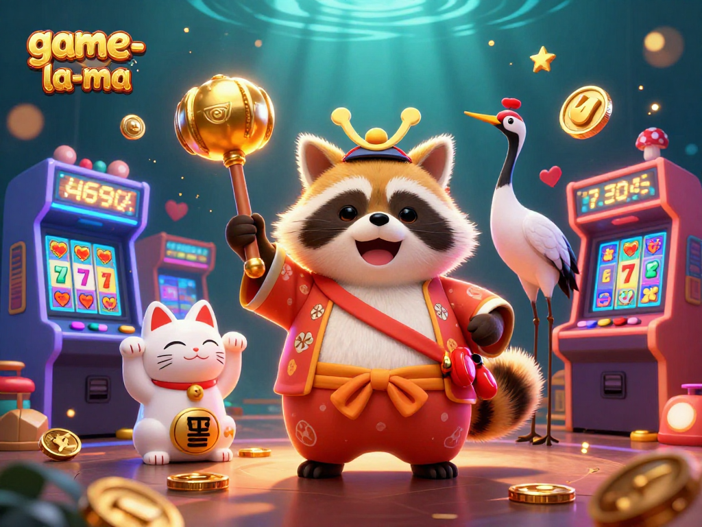 Experience luck and winning vibes at game-la-ma with a joyful tanuki and casino elements in a vibrant scene.