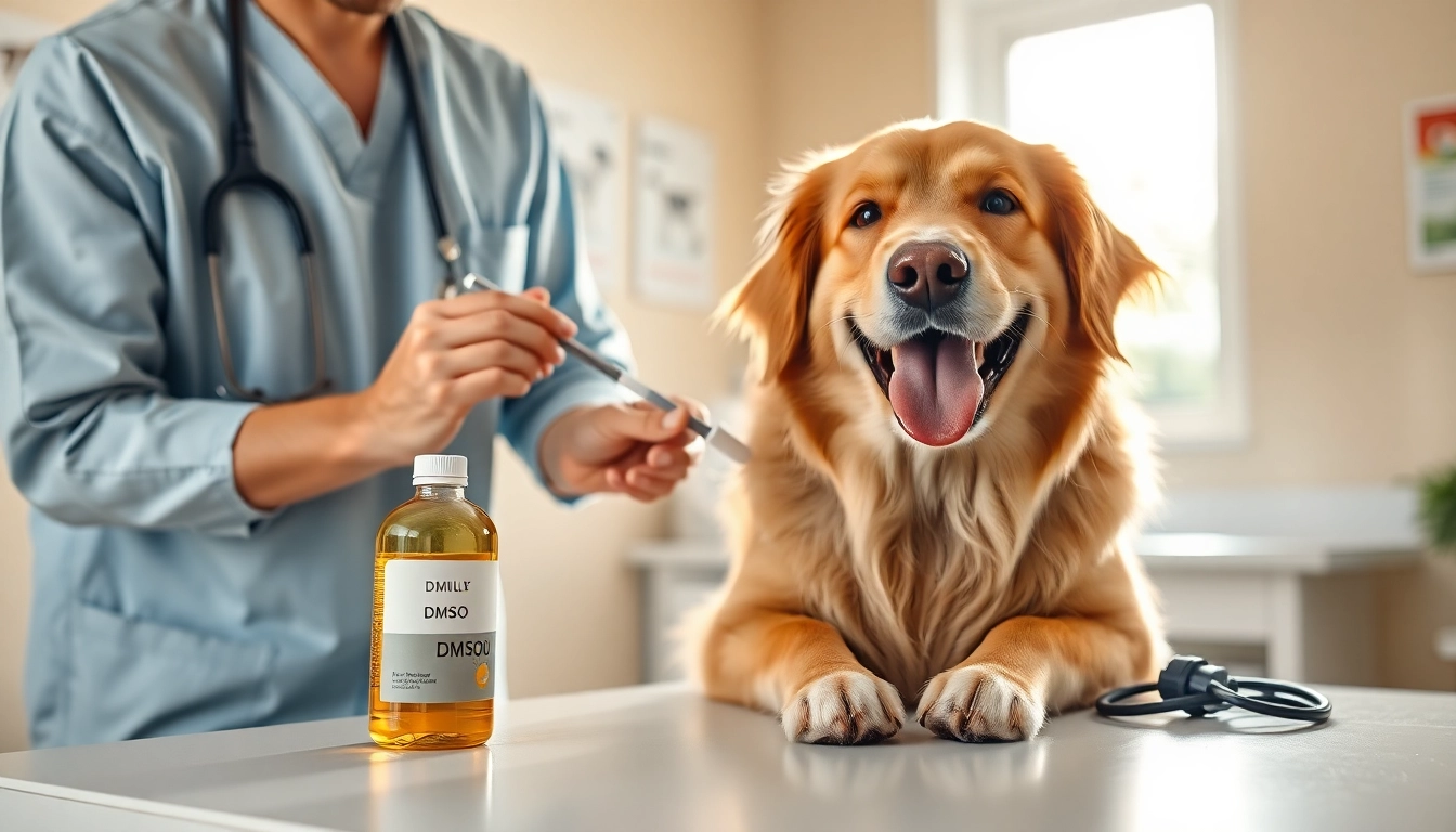 Applying DMSO for dogs in a veterinary setting with a smiling Golden Retriever.