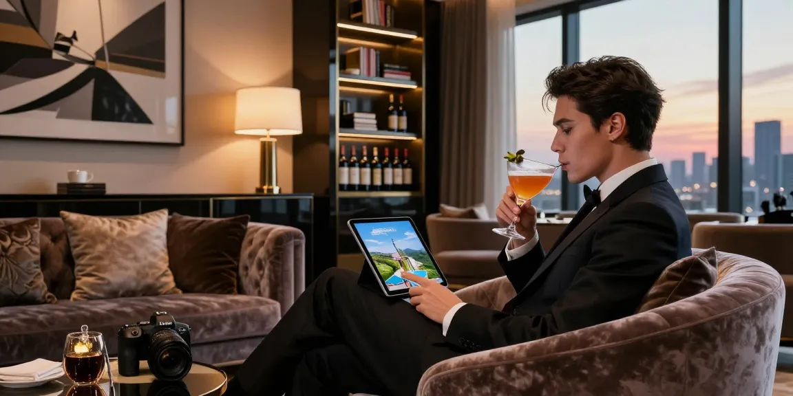 Interior mewah dengan individu menikmati cocktail dan melihat destinasi luxury111 di tablet.