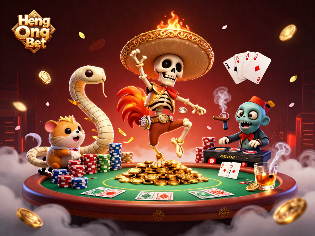 Experience the excitement of Heng Ong Bet with a lively 3D casino scene featuring unique characters and vibrant game elements.