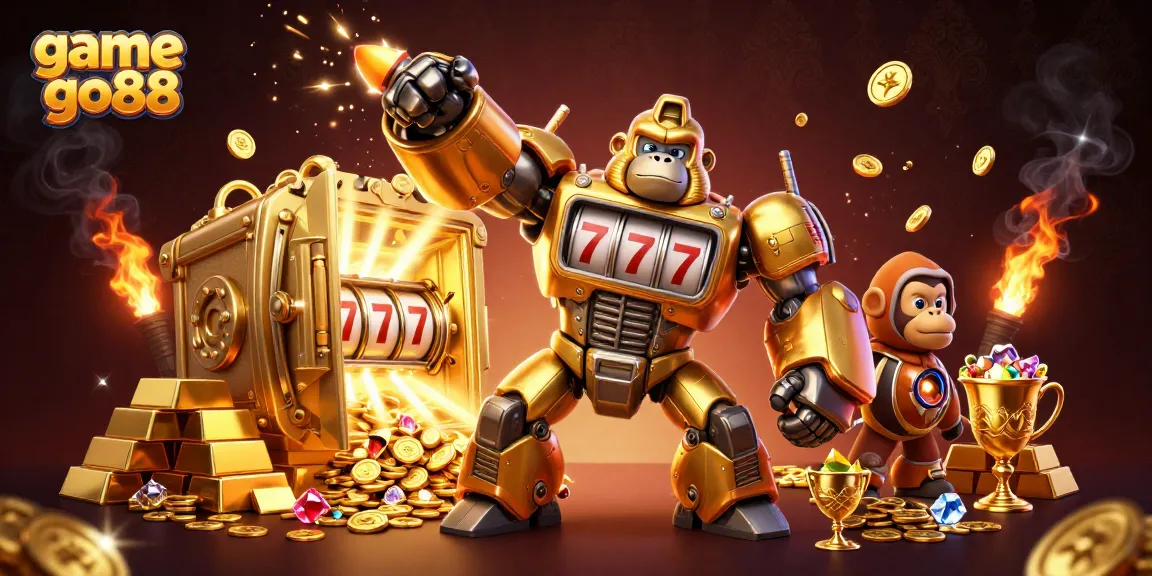 Join the excitement with game go88, featuring a golden gorilla mech and treasure bursting open.