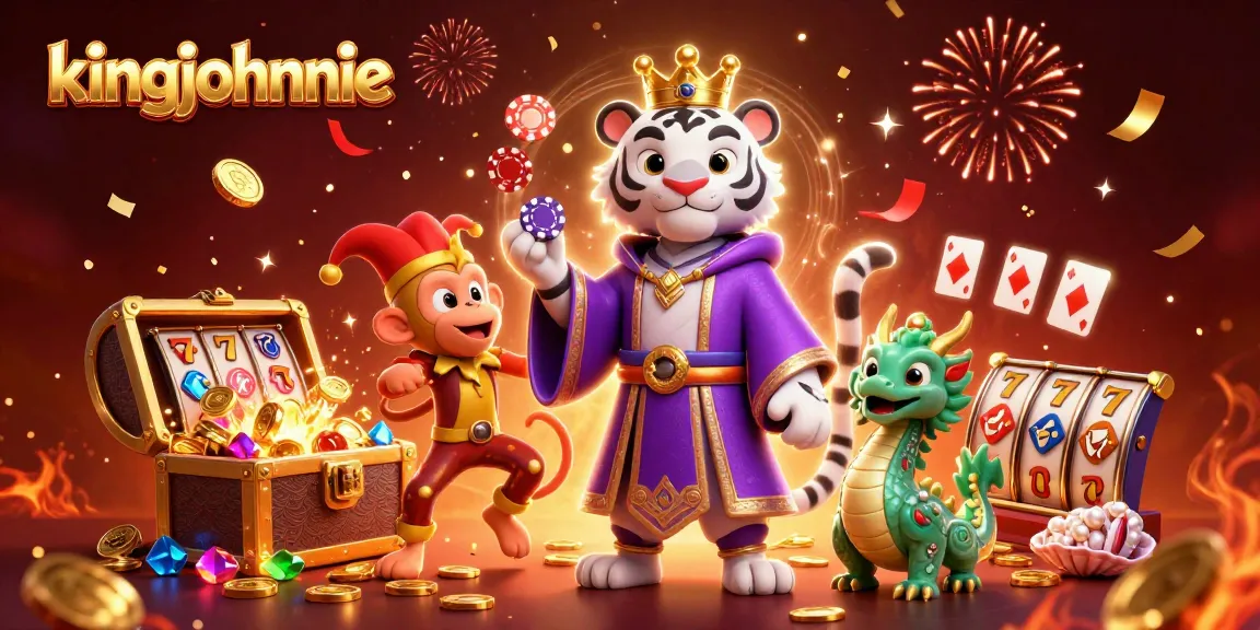 Experience the thrill of kingjohnnie casino with vibrant characters and slot symbols in an engaging celebration.