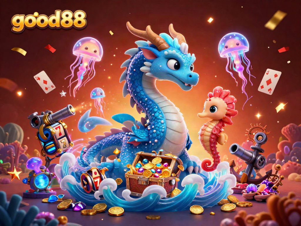 Experience the excitement of good88 with a vibrant underwater casino featuring a water dragon and neon jellyfish.