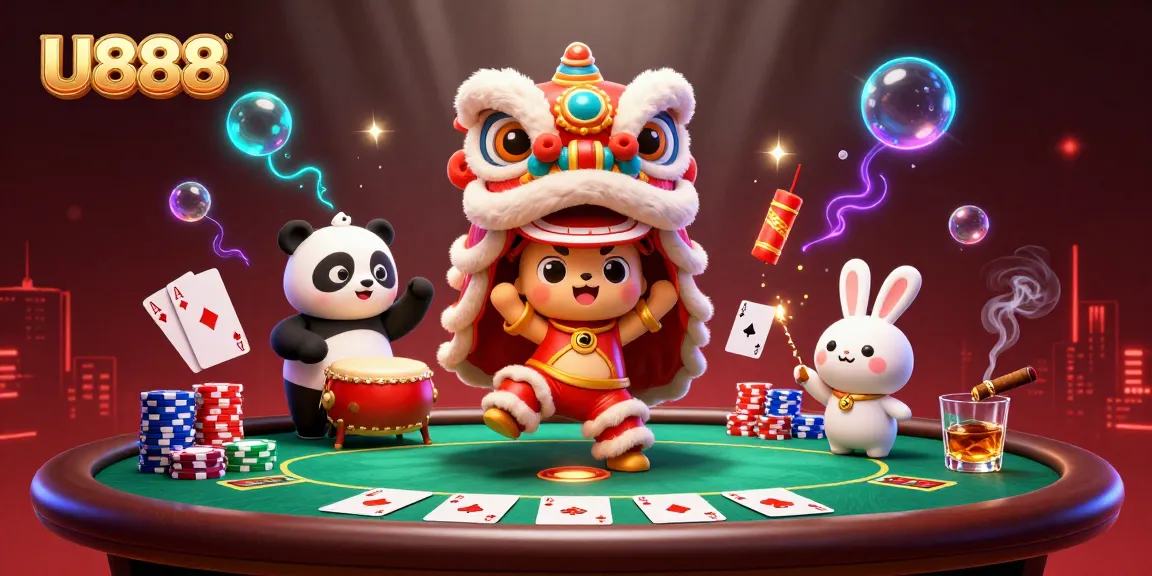 Engage with the vibrant world of U888 as characters celebrate at a dynamic poker scene.