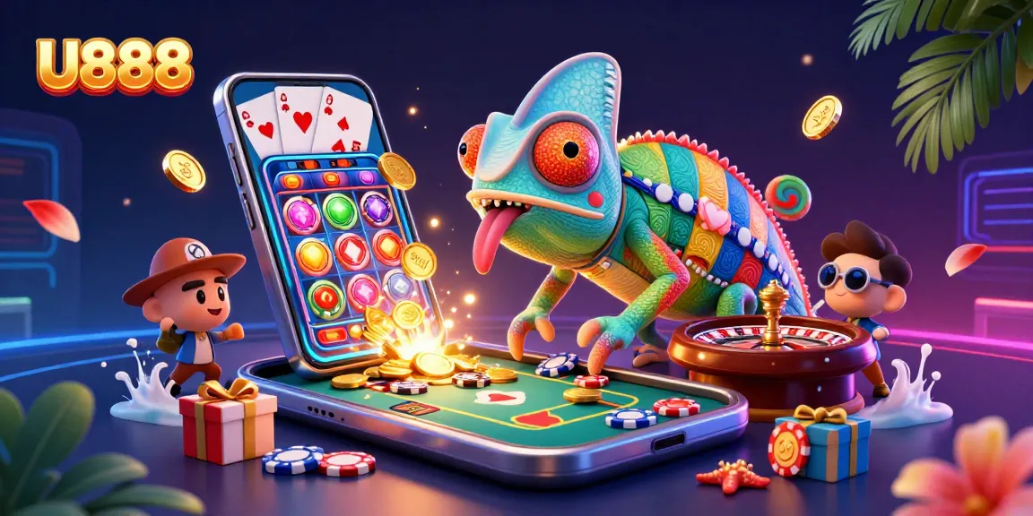 Experience U888's vibrant casino world with a colorful chameleon and dynamic game elements surrounding them.