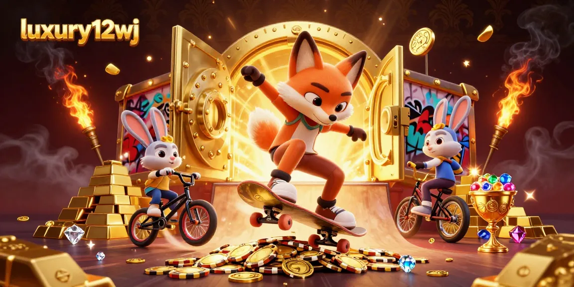 Experience excitement with luxury12wj featuring a lively skateboarder fox and BMX rabbit in a vibrant casino scene.