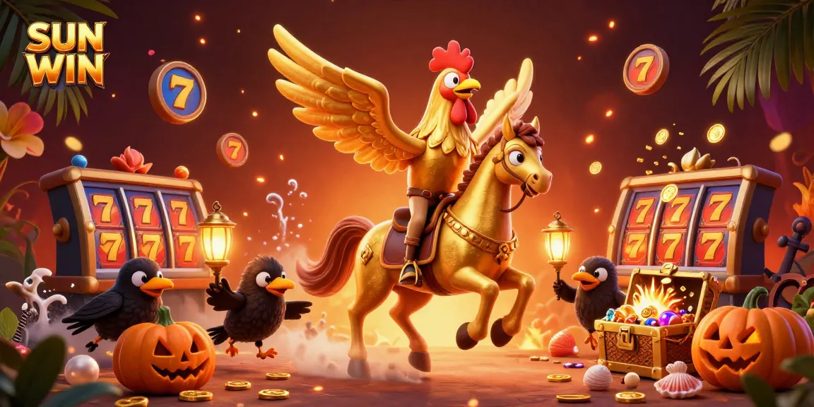 SUN WIN golden rooster character in a vibrant casino scene, showcasing dynamic slot elements and colorful treasures.