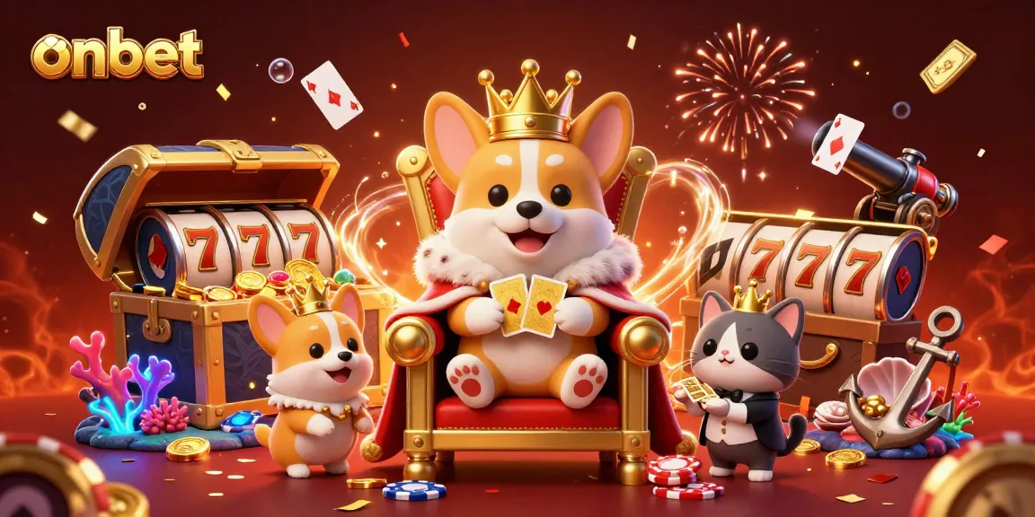Engage with onbet, where the royal corgi reigns over poker chips and slot reels in this vibrant casino scene.