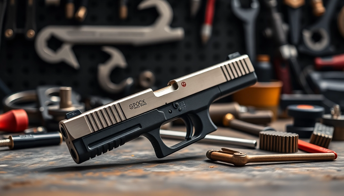 Highlighting a glock slide on a workbench surrounded by gunsmithing tools.
