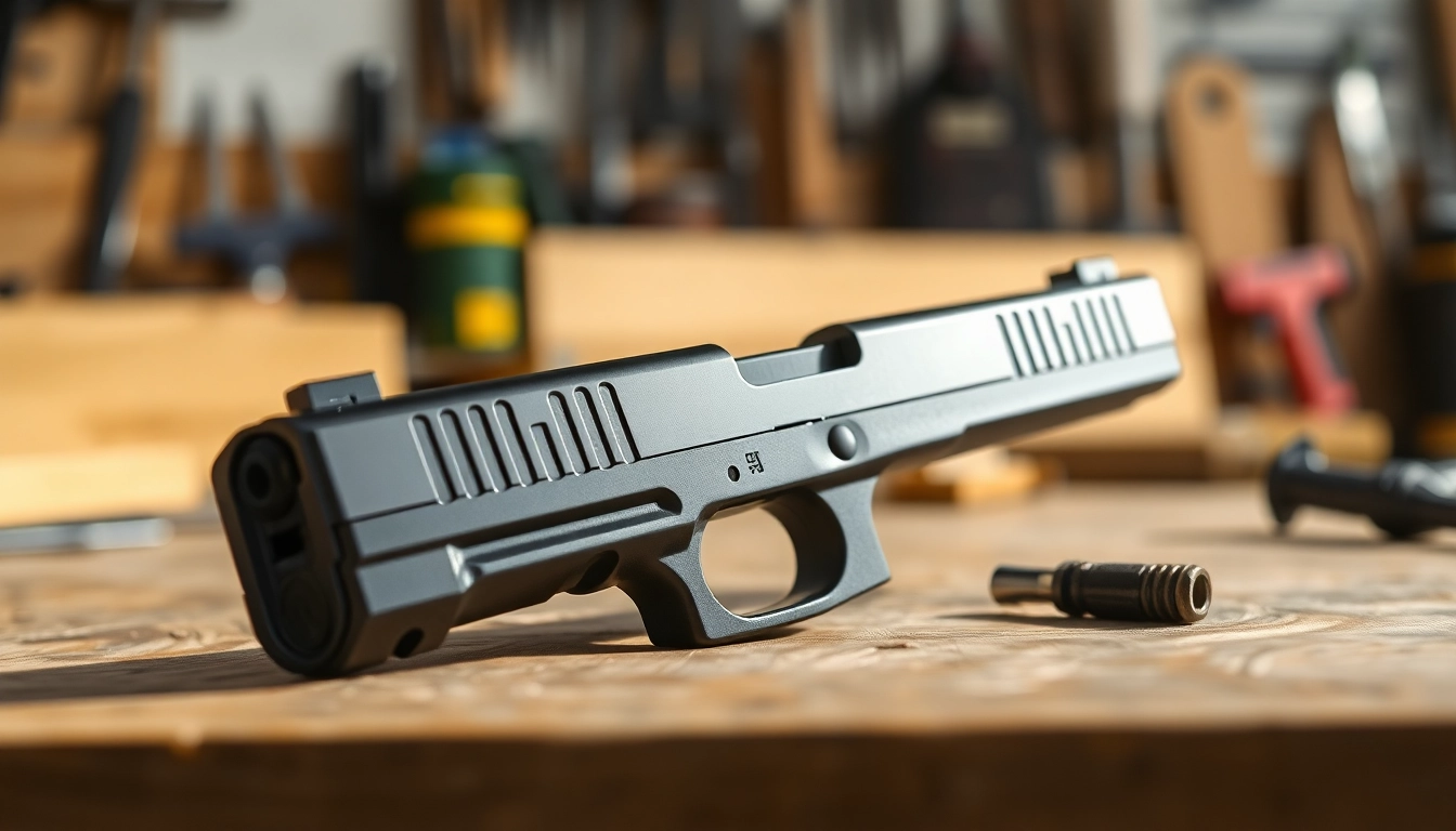 Showcase Glock 19 slide oem highlighting its design features and finish on a workbench.