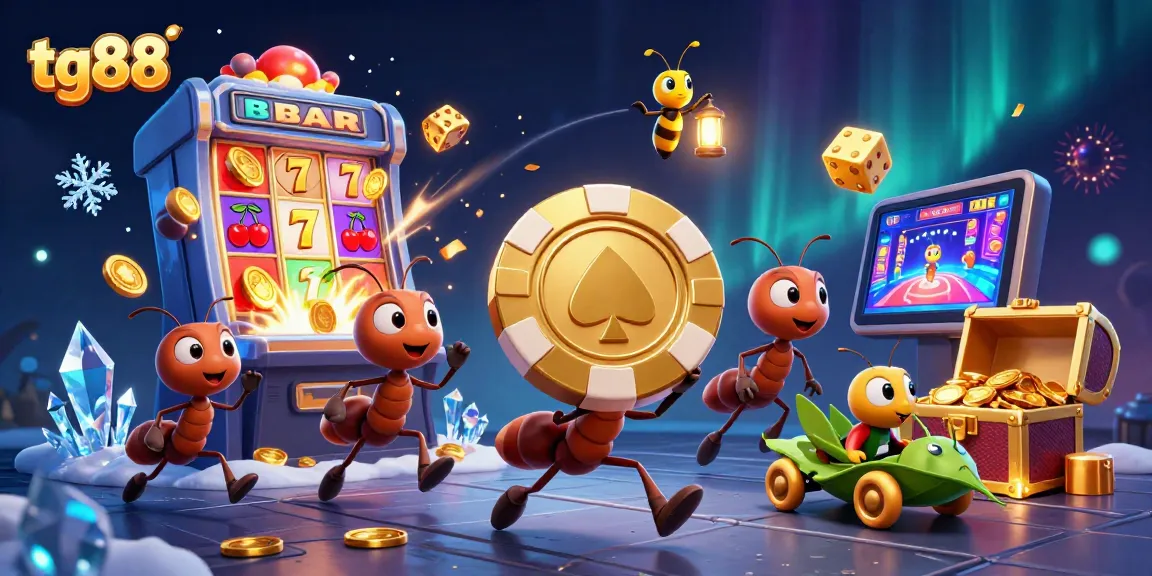 tg88 showcases a heist of ants carrying a poker chip amidst dynamic casino elements.