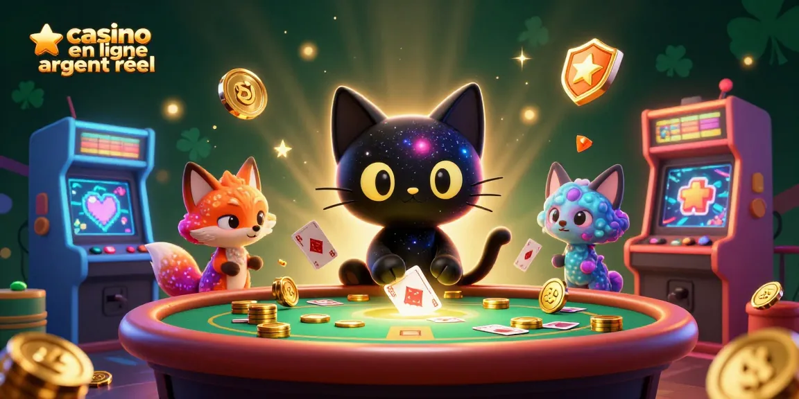 Le chat noir gravitationnel attire des jetons dorés au casino en ligne argent réel, avec des machines colorées.