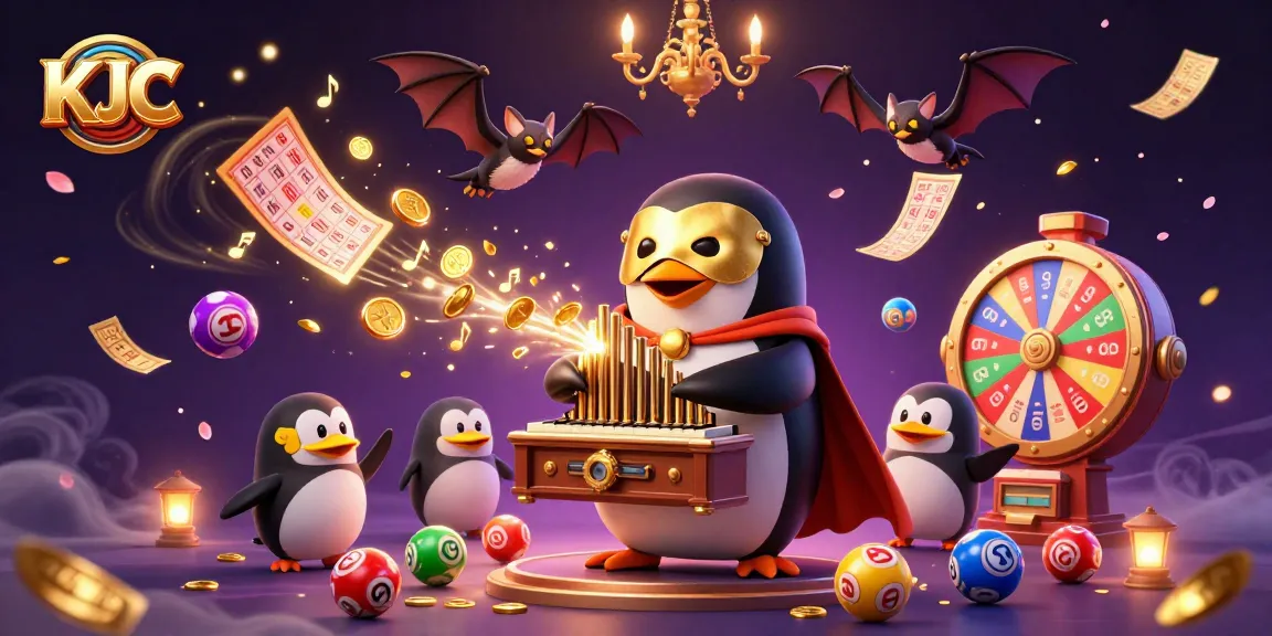 Experience the thrill of KJC's casino games with vibrant lottery balls and stunning characters in a magical casino illustration.