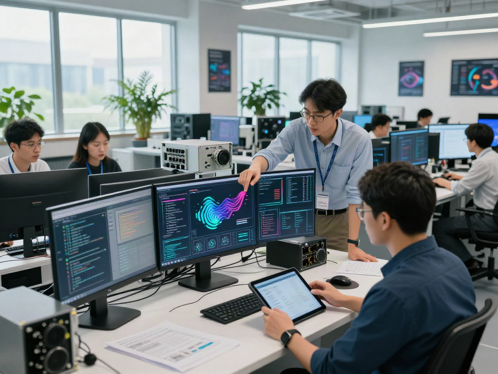 Engineers collaborating in a modern workspace focused on AI inference technology and metrics.