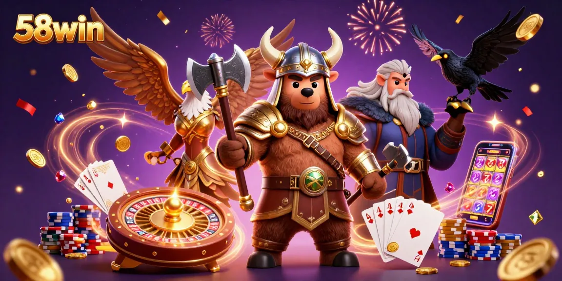 Experience thrilling gameplay at 58win with this vibrant casino illustration showcasing dynamic characters and games.