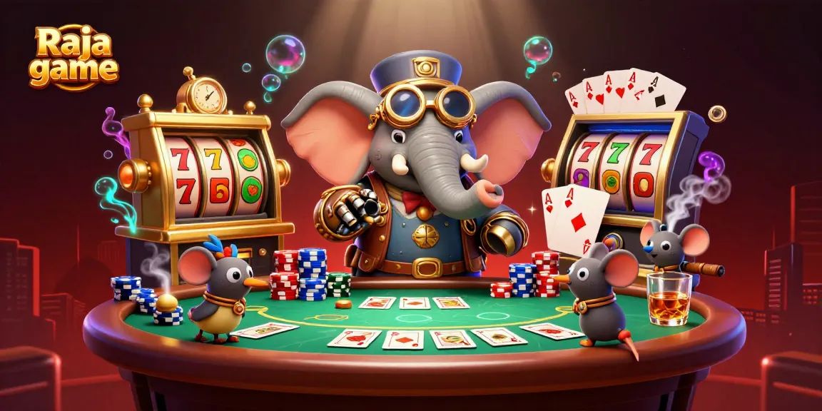 Engage with the exciting Raja game through a 3D steampunk scene filled with colorful casino elements.