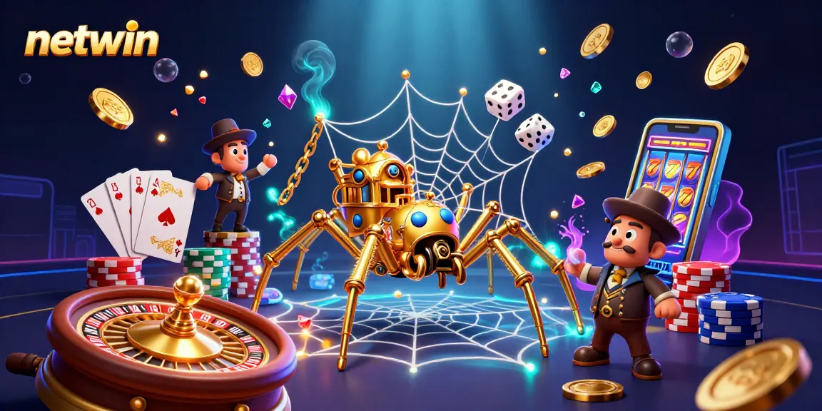 Play the netwin casino games with golden spider and the trapped fly gentleman in a vibrant scene.