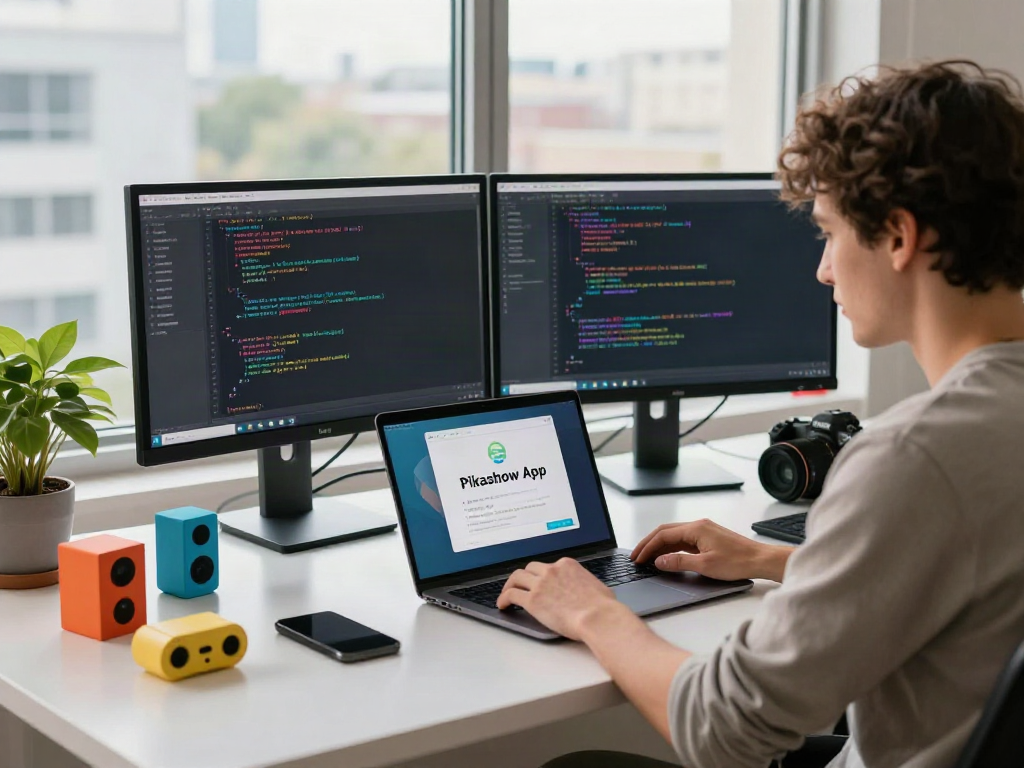 Download Pikashow Apk in a modern workspace with a programmer engaging with tech tools.