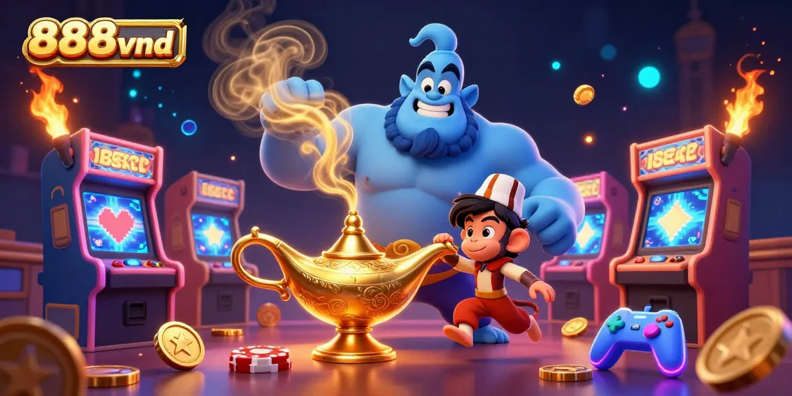 Engage in thrilling games at 888vnd with a 3D illustration featuring enchanting Genie characters and casino elements.