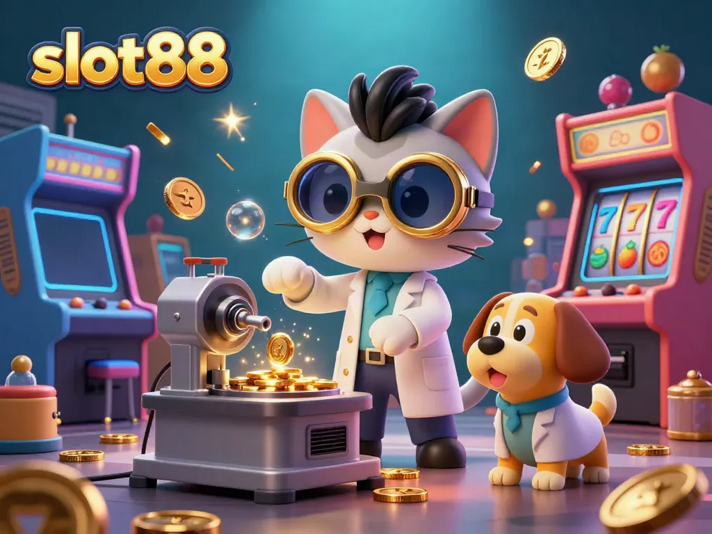 Experience slot88's vibrant 3D scene with a mad scientist cat and dog amidst casino elements.