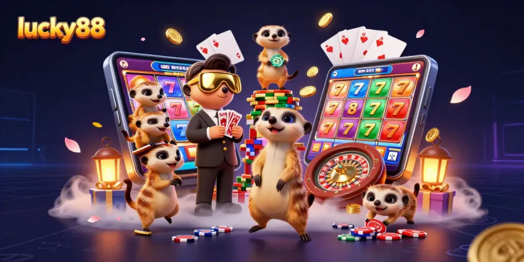 Engage with exciting slots gameplay at lucky88 among meerkats managing a colorful casino.