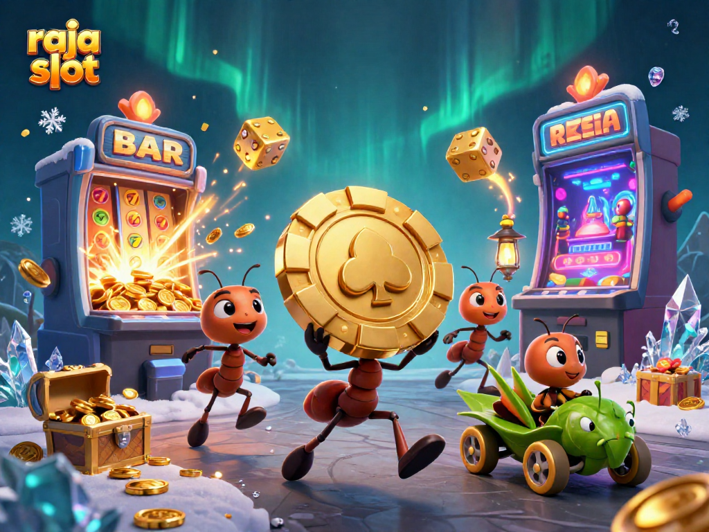 Experience raja slot excitement with exaggerated cartoon ants on a treasure heist in a vibrant underground casino.