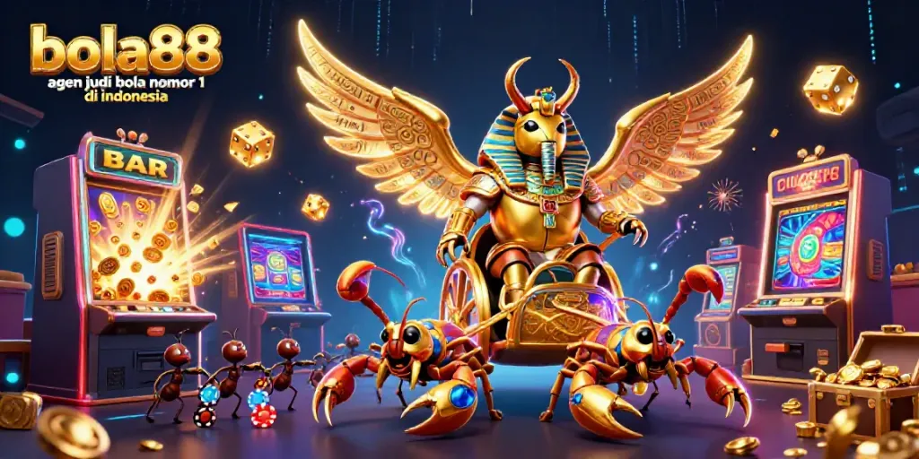 Bola88 agen judi bola nomor 1 di indonesia, featuring a majestic pharaoh beetle amidst dynamic casino gaming elements.