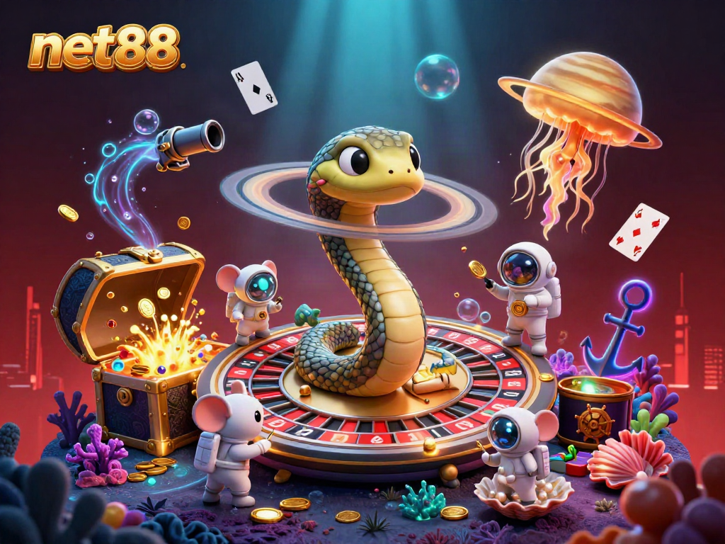 Bet on net88's cosmic roulette with mice and jellyfish in a vibrant 3D illustration