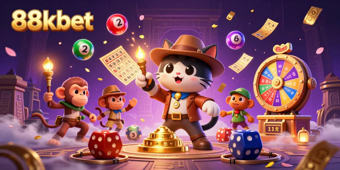 88kbet showcases a vibrant casino artifact discovery scene featuring a playful explorer cat.