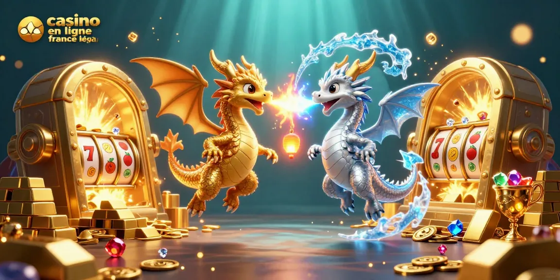 Les dragons doré et argenté s'affrontent dans un monde de casino en ligne France légal, riches en trésors et symboles gagnants.