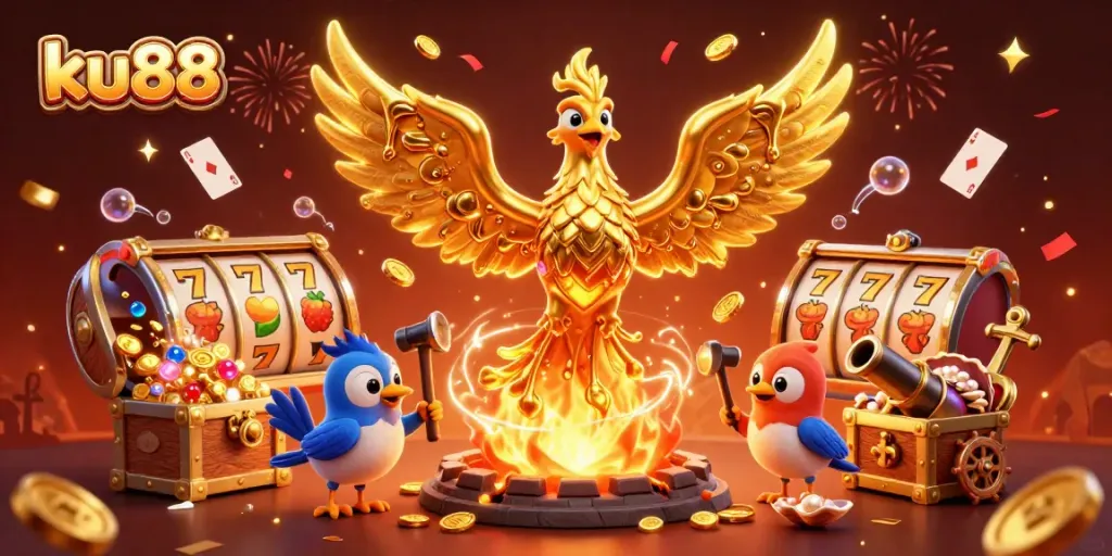 Experience the thrill of ku88 with a golden phoenix and dynamic gambling elements in this 3D illustration.